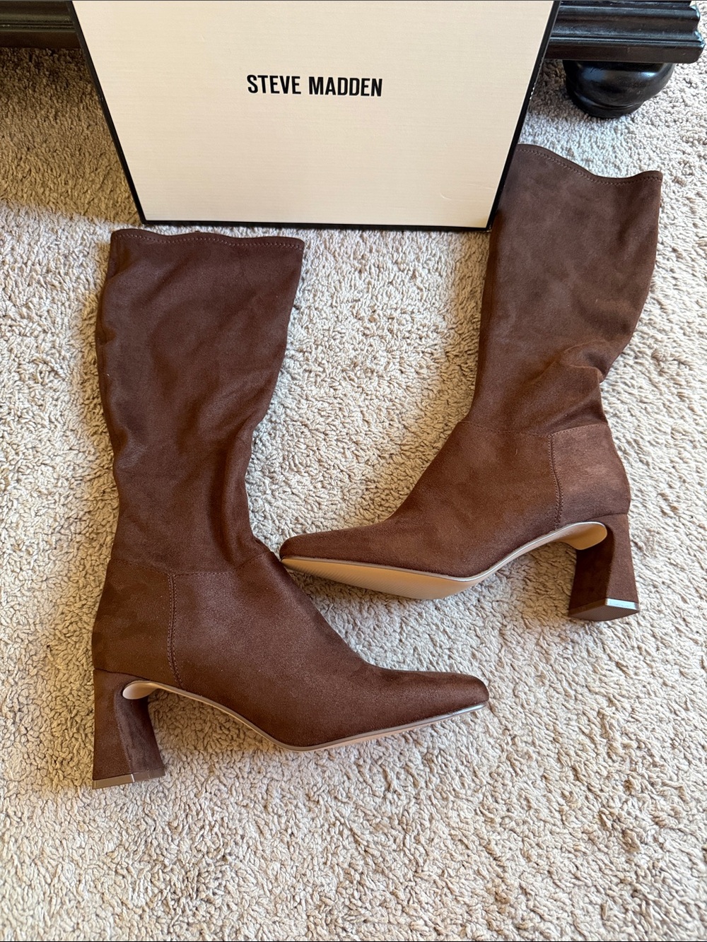 Steve Madden Hunny Brown Square-Toe Knee-High Boots.